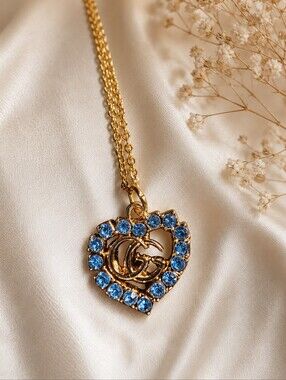 Gold Heart Pendant Necklace with Periwinkle Accents Upcycled Gucci Stamped